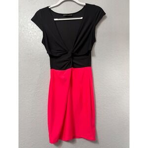 Sabora Womens Mini Dress Black Hot Pink Color Block Twist Front V-Neck Size M